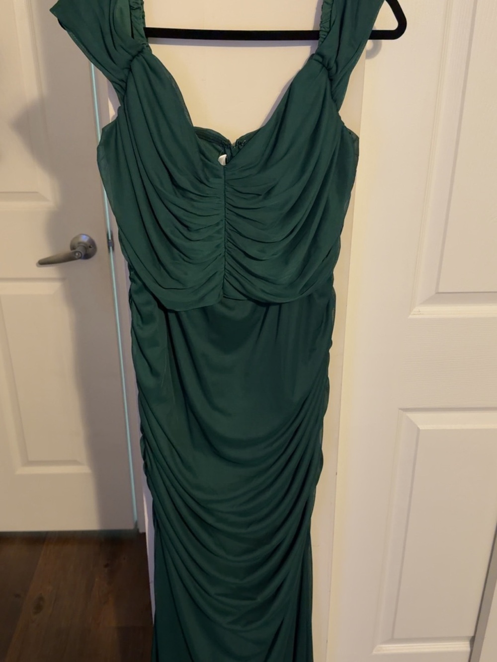 David’s Bridal Mesh Off-the-Shoulder Ruched Dress - Juniper / 18